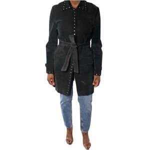 Express Vintage Suede Leather Studded Belted Trench Coat Jacket